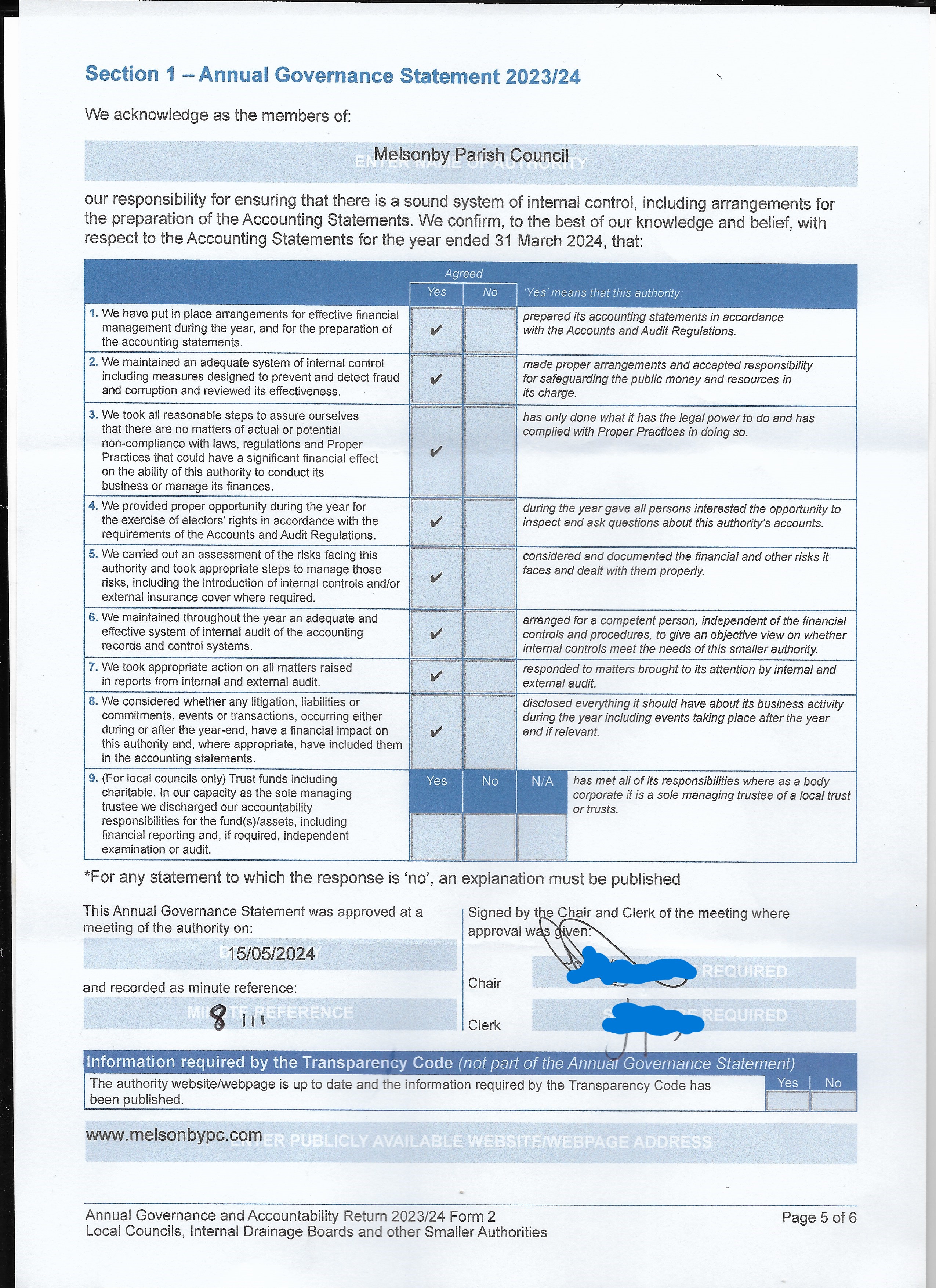 Melsonby Annual Governance Statement 2023 24 Page 5 REDACTED
