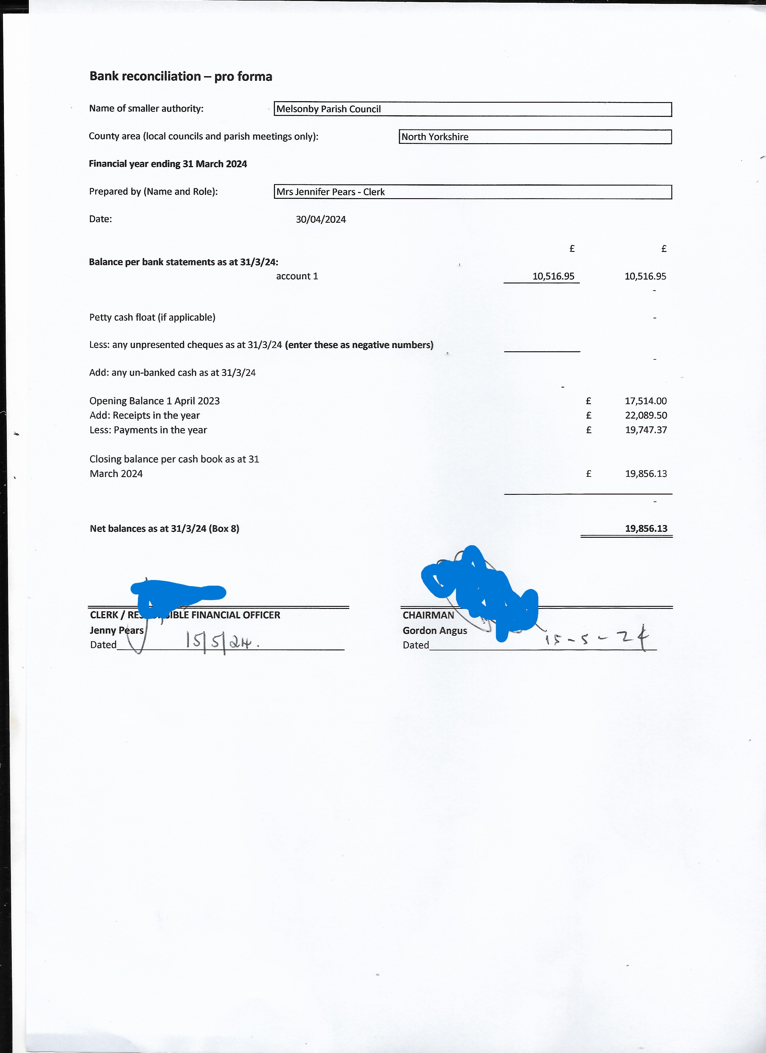 MELSONBY Bank reconcilation 2023 24 REDACTED
